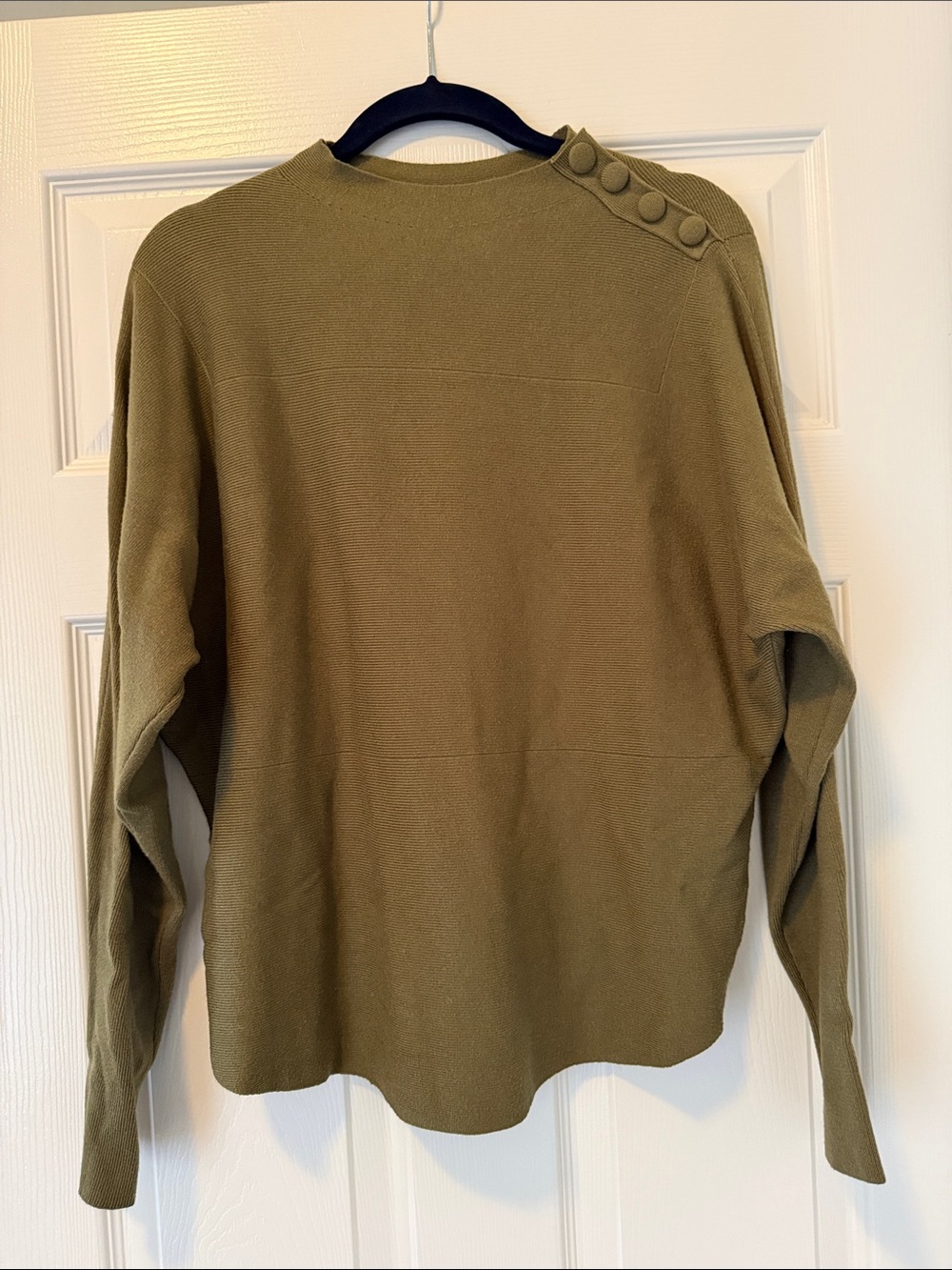 Button-Shoulder Olive Crewneck Sweater